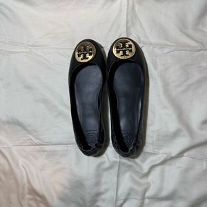 Tory Burch Black Ballet Flats, Gold Medallion, Size 8